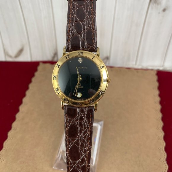 Vintage JB Champion Gold High Dome Crystal Watch  Diamond Date  Brown Strap - Picture 2 of 6